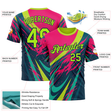 Custom Pink Neon Green-Navy 3D Pattern Design Splash Sport Wear Performance T-Shirt