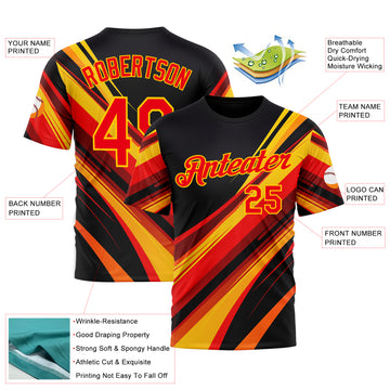 Custom Black Fire Red-Yellow 3D Pattern Design Line Sport Wear Performance T-Shirt