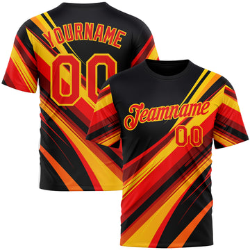 Custom Black Fire Red-Yellow 3D Pattern Design Line Sport Wear Performance T-Shirt