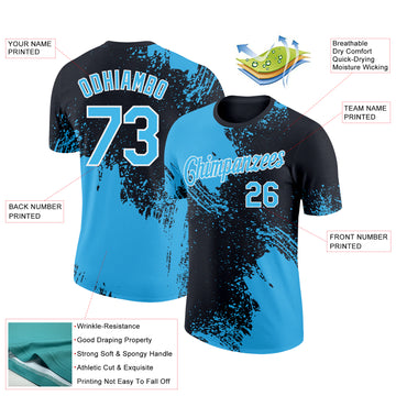 Custom Black Sky Blue-White 3D Pattern Design Abstract Brush Stroke Performance T-Shirt
