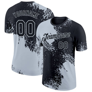 Custom Black Silver 3D Pattern Design Abstract Brush Stroke Performance T-Shirt