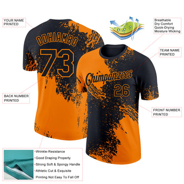 Custom Black Bay Orange 3D Pattern Design Abstract Brush Stroke Performance T-Shirt