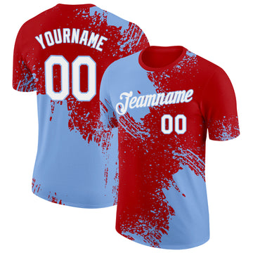 Custom Red White-Light Blue 3D Pattern Design Abstract Brush Stroke Performance T-Shirt