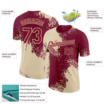 Custom Crimson Cream 3D Pattern Design Abstract Brush Stroke Performance T-Shirt