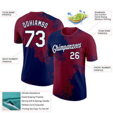 Custom Crimson White-Navy 3D Pattern Design Abstract Brush Stroke Performance T-Shirt