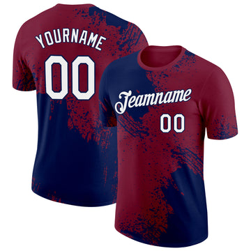 Custom Crimson White-Navy 3D Pattern Design Abstract Brush Stroke Performance T-Shirt