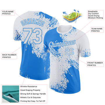 Custom White Powder Blue 3D Pattern Design Abstract Brush Stroke Performance T-Shirt