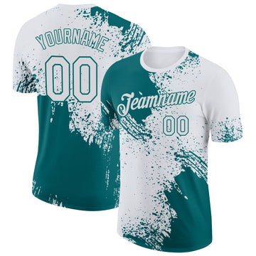 Custom White Teal 3D Pattern Design Abstract Brush Stroke Performance T-Shirt