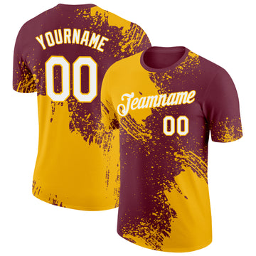Custom Burgundy White-Gold 3D Pattern Design Abstract Brush Stroke Performance T-Shirt