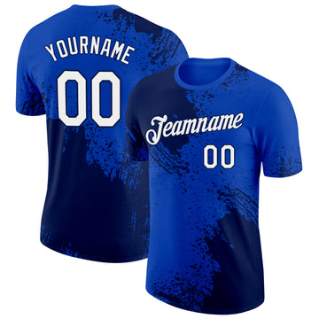 Custom Thunder Blue White-Navy 3D Pattern Design Abstract Brush Stroke Performance T-Shirt