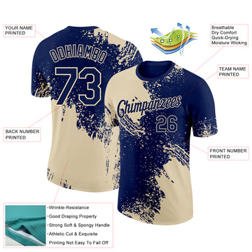 Custom Navy Cream 3D Pattern Design Abstract Brush Stroke Performance T-Shirt