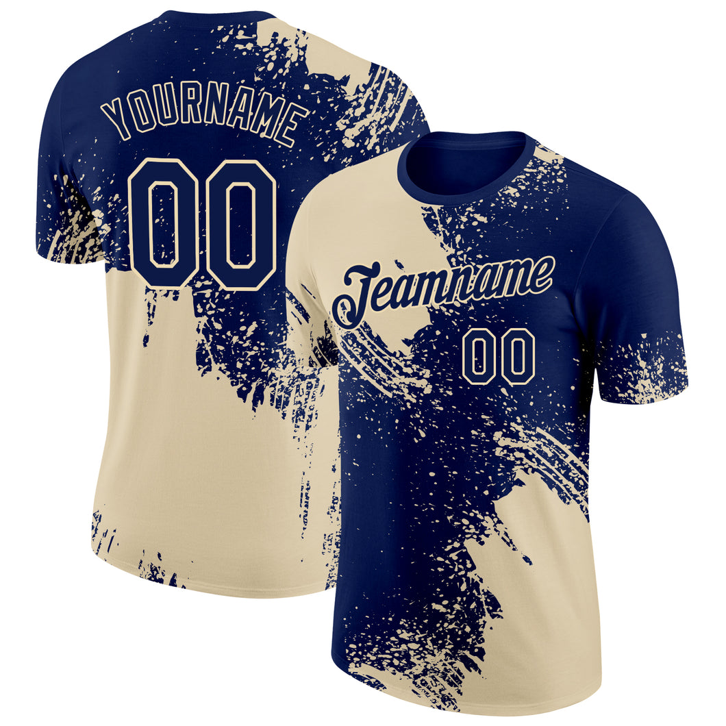 Custom Navy Cream 3D Pattern Design Abstract Brush Stroke Performance T-Shirt