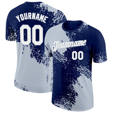Custom Navy White-Silver 3D Pattern Design Abstract Brush Stroke Performance T-Shirt