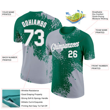 Custom Kelly Green White-Gray 3D Pattern Design Abstract Brush Stroke Performance T-Shirt