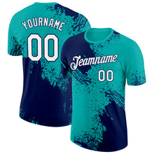 Charger l&#39;image dans la galerie, Custom Aqua White-Navy 3D Pattern Design Abstract Brush Stroke Performance T-Shirt
