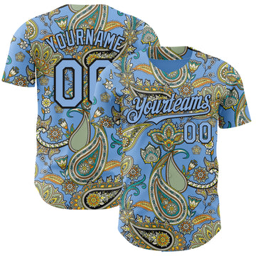Custom Light Blue Black 3D Pattern Design Rave Party Ethnic Paisley Bandana Authentic Baseball Jersey