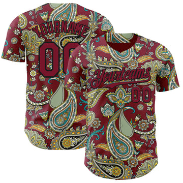 Custom Crimson Black 3D Pattern Design Rave Party Ethnic Paisley Bandana Authentic Baseball Jersey