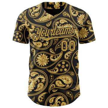 Custom Black Old Gold 3D Pattern Design Rave Party Ethnic Paisley Bandana Authentic Baseball Jersey