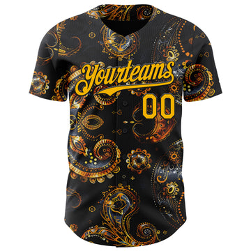 Custom Black Yellow 3D Pattern Design Rave Party Ethnic Paisley Bandana Authentic Baseball Jersey