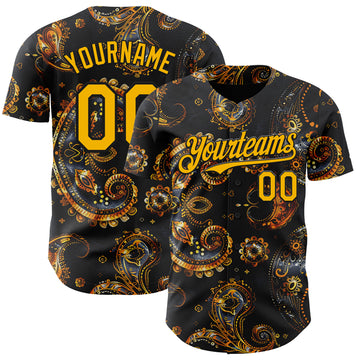 Custom Black Yellow 3D Pattern Design Rave Party Ethnic Paisley Bandana Authentic Baseball Jersey