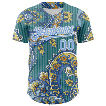 Custom Teal Light Blue-White 3D Pattern Design Rave Party Ethnic Paisley Bandana Authentic Baseball Jersey