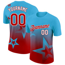 Laden Sie das Bild in den Galerie-Viewer, Custom Sky Blue Red-White 3D Pattern Design Gradient Style Twinkle Star Performance T-Shirt
