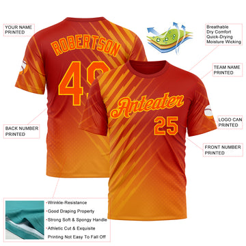 Custom Red Orange-Yellow 3D Pattern Design Spain Sport Wear Performance T-Shirt