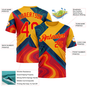 Custom Yellow Fire Red-Blue 3D Pattern Design Spain Marble Sport Wear Performance T-Shirt