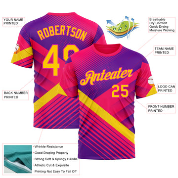 Custom Pink Yellow Purple-Deep Pink 3D Pattern Design Gradient Neon Sport Wear Performance T-Shirt