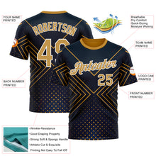 Charger l&#39;image dans la galerie, Custom Navy Old Gold-White 3D Pattern Design Geometric Shape Sport Wear Performance T-Shirt
