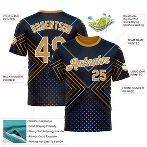 Custom Navy Old Gold-White 3D Pattern Design Geometric Shape Sport Wear Performance T-Shirt