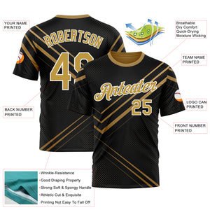 Custom Black Old Gold-White 3D Pattern Design Geometric Shape Sport Wear Performance T-Shirt