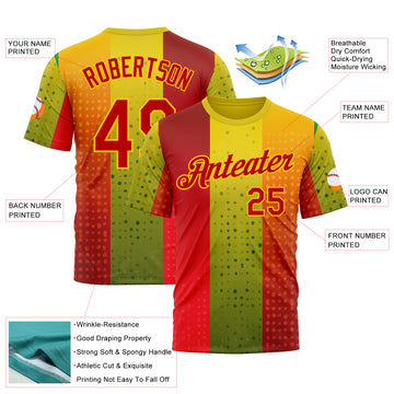 Custom Red Green-Yellow 3D Pattern Design Gradient Spain Sport Wear Performance T-Shirt