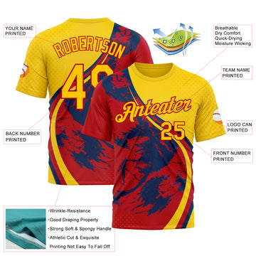 Custom Yellow Red 3D Pattern Design Spain Splash Sport Wear Performance T-Shirt