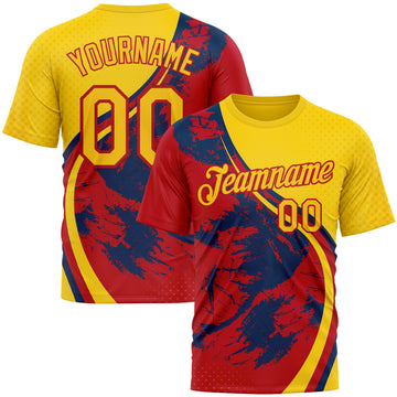 Custom Yellow Red 3D Pattern Design Spain Splash Sport Wear Performance T-Shirt