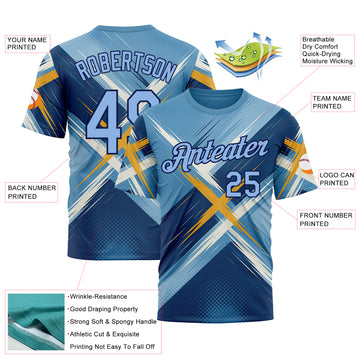 Custom Blue Light Blue-Navy 3D Pattern Design Geometric Shape Sport Wear Performance T-Shirt