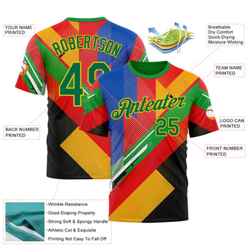 Custom Red Kelly Green Yellow Blue-Black 3D Pattern Design Africa Geometric Shape Sport Wear Performance T-Shirt