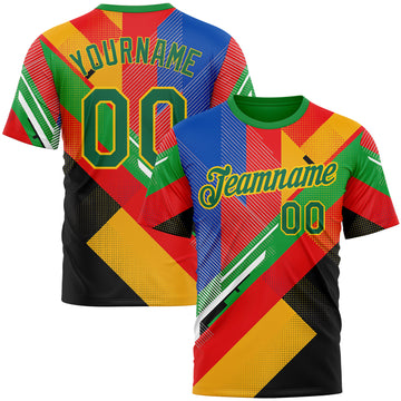 Custom Red Kelly Green Yellow Blue-Black 3D Pattern Design Africa Geometric Shape Sport Wear Performance T-Shirt