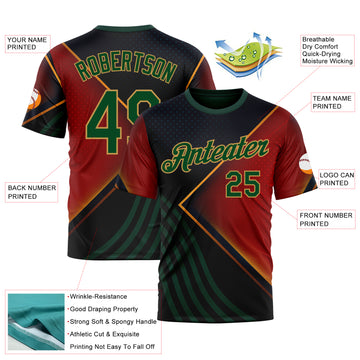 Custom Black Green Red-Old Gold 3D Pattern Design Germany Meixico Sport Wear Performance T-Shirt