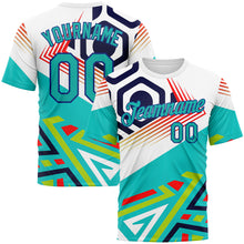 Load image into Gallery viewer, Custom White Auqa Red Green-Royal 3D Pattern Design Geometric Shape Sportswear Performance T-Shirt
