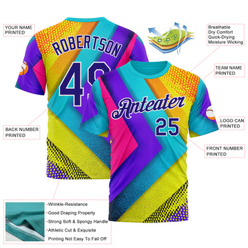 Custom Blue Dark Purple Yellow-Pink 3D Pattern Design Chromatic Geometric Shape Sport Wear Performance T-Shirt