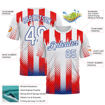 Custom White Red-Royal 3D Pattern Design USA Inspired America Sport Wear Performance T-Shirt