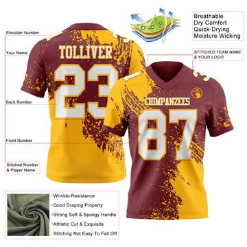 Custom Burgundy White-Gold 3D Pattern Abstract Brush Stroke Authentic Football Jersey