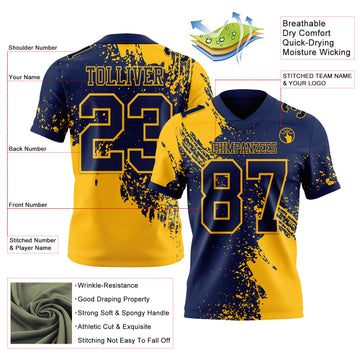 Custom Navy Gold 3D Pattern Abstract Brush Stroke Mesh Authentic Football Jersey
