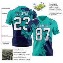 Загрузить изображение в средство просмотра галереи, Custom Aqua White-Navy 3D Pattern Abstract Brush Stroke Authentic Football Jersey
