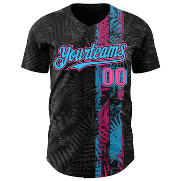Custom Black Pink-Sky Blue 3D Hawaii Tropical Palm Leaves Authentic Baseball Jersey