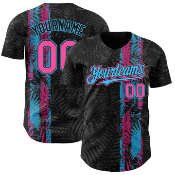 Custom Black Pink-Sky Blue 3D Hawaii Tropical Palm Leaves Authentic Baseball Jersey
