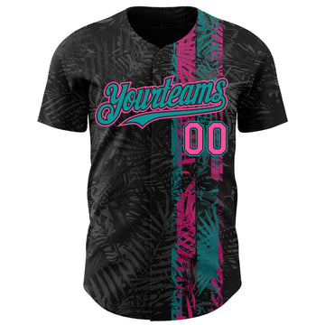 Custom Black Pink-Teal 3D Hawaii Tropical Palm Leaves Authentic Baseball Jersey