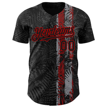 Custom Black Red 3D Hawaii Tropical Palm Leaves Authentic Baseball Jersey