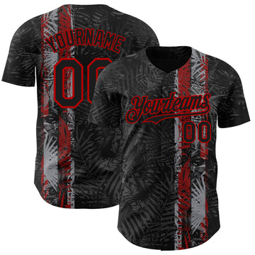 Custom Black Red 3D Hawaii Tropical Palm Leaves Authentic Baseball Jersey